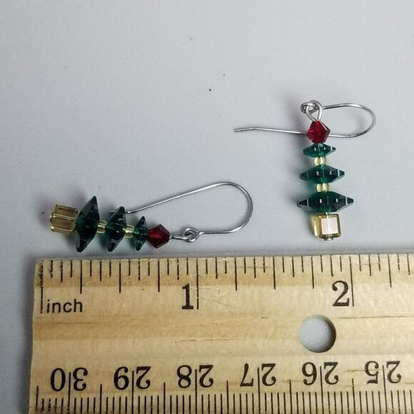 Vintage Beaded Christmas Tree Shape Dangle Earrings, Red Green, Estate - Picture 3 of 5